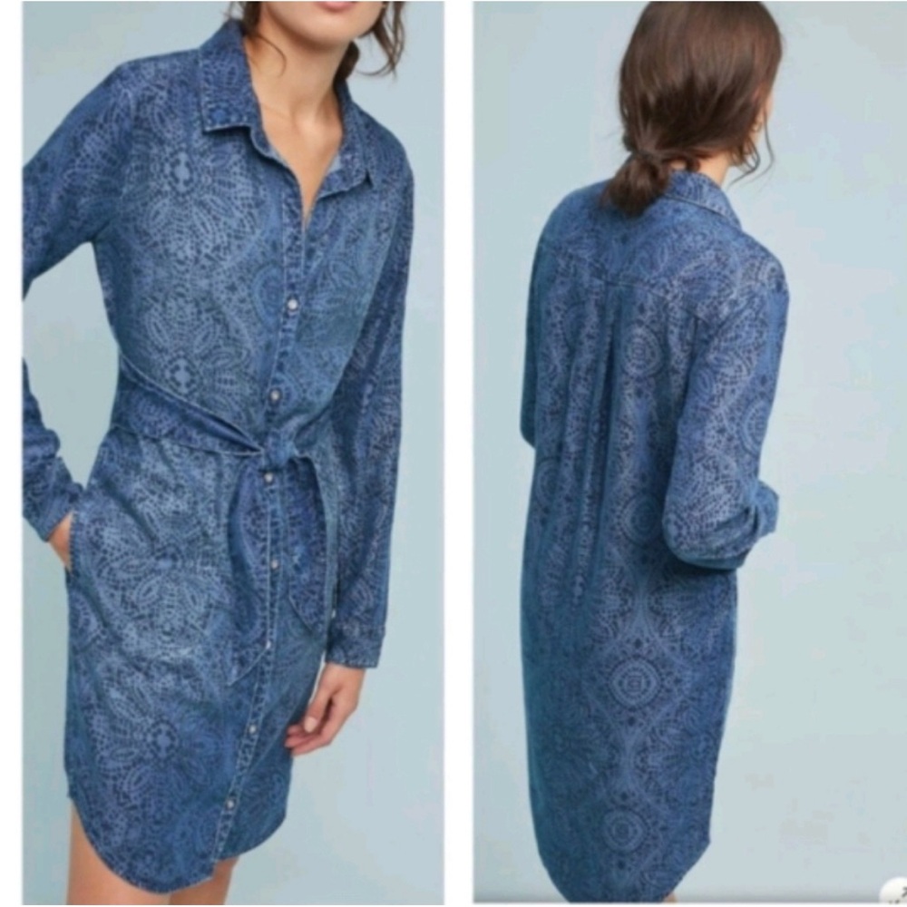 Anthropologie Cloth & Stone Blue Medallion Print Chambray Shirt Dress large